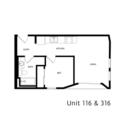 Floor plan for 1 bed, 1 bath, 515 sqft